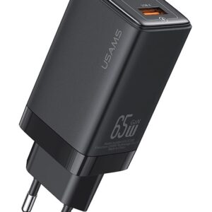 USAMS φορτιστής τοίχου US-CC180, USB & 2x USB-C, 65W PD, GaN, μαύρος