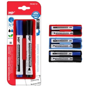 MP μαρκαδόροι & σφουγγάρι ασπροπίνακα PE487-9, 2/3mm μαύρος & μπλε, 2τμχ