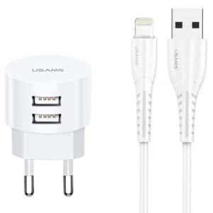 USAMS φορτιστής τοίχου T20 & καλώδιο Lightning, 2x USB, 2.1A, λευκός