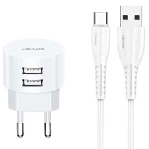 USAMS φορτιστής τοίχου T20 & καλώδιο type-C, 2x USB, 2.1A, λευκός