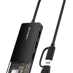 CABLETIME USB hub CT-HUBT5-PB, 4x θυρών, 10Gbps, USB/USB-C σύνδεση, μαύρο