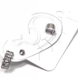 Σκουλαρίκια Ατσάλι 316L, 3 τεμάχια (κρίκος Cuff, κρυσταλλάκι και στρας) σε χρώμα Ασημί