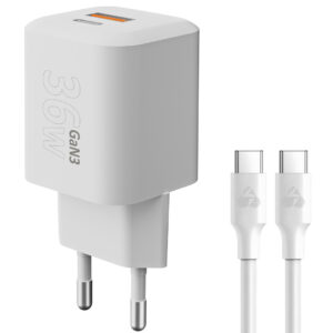 POWERTECH φορτιστής τοίχου PT-1351 με καλώδιο, USB/USB-C, 36W, GaN, λευκός