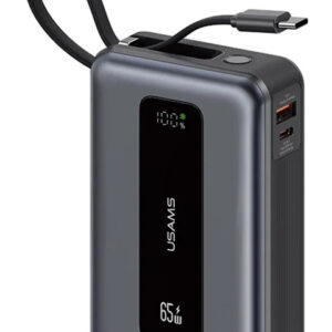 USAMS power bank CD243 με καλώδιο USB-C, 2x θύρες εξόδου, 20000mAh, 65W, γκρι