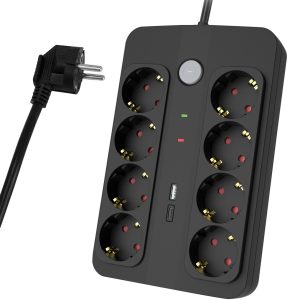 POWERTECH πολύπριζο ασφαλείας PT-1535, 8 θέσεων, με USB & USB-C θύρες, 16A, 1.5m, μαύρο