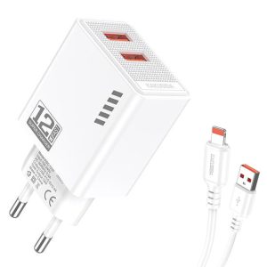 KAKUSIGA φορτιστής τοίχου KSC-1238 με καλώδιο Lightning, 2x USB, 12W, λευκός