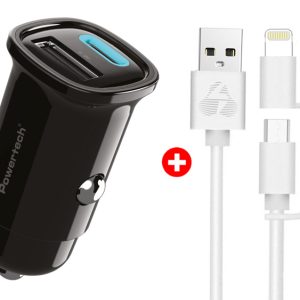 POWERTECH φορτιστής αυτοκινήτου με καλώδιο MFi USB σε micro USB/Lightning BNDL-0206, USB & USB-C, 30W, μαύρο/λευκό