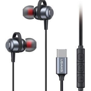 USAMS earphones με μικρόφωνο US-SJ758, USB-C σύνδεση, μεταλλικά, 1.2m, γκρι