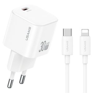 USAMS φορτιστής τοίχου CC262 με καλώδιο Lightning, 30W, GaN, λευκός