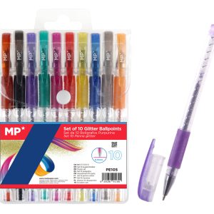 MP σετ στυλό διαρκείας ballpoint PE105 με glitter, 0.9mm, διάφορα χρώματα, 10τμχ