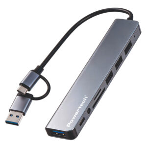 POWERTECH USB hub PTR-0205 με card reader, 8 θυρών, USB & USB-C σύνδεση, γκρι
