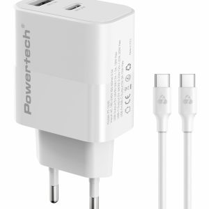 POWERTECH φορτιστής τοίχου PT-1635 με καλώδιο, USB/USB-C, 20W, λευκός