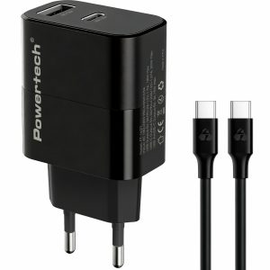 POWERTECH φορτιστής τοίχου PT-1637 με καλώδιο, USB/USB-C, 20W, μαύρος