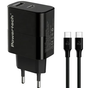 POWERTECH φορτιστής τοίχου PT-1638 με καλώδιο, USB/USB-C, 30W, GaN, μαύρος