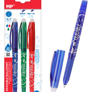 MP σετ στυλό διαρκείας PE217-1, erasable, 0.7mm, μπλε/πράσινο/κόκκινο, 3τμχ